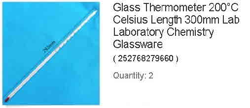 Glass Thermometer 200�C Celsius Length 300mm Lab Laboratory Chemistry Glassware x2-S